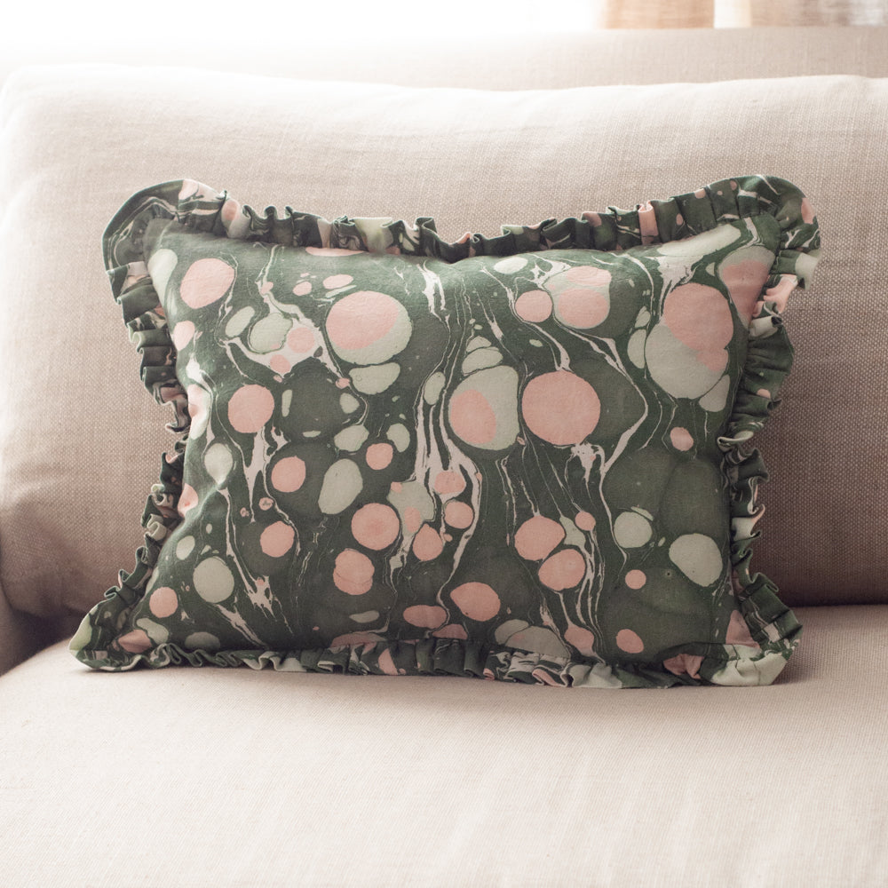 Marbled Ruffle Pillow, Pebbled Green + Blush
