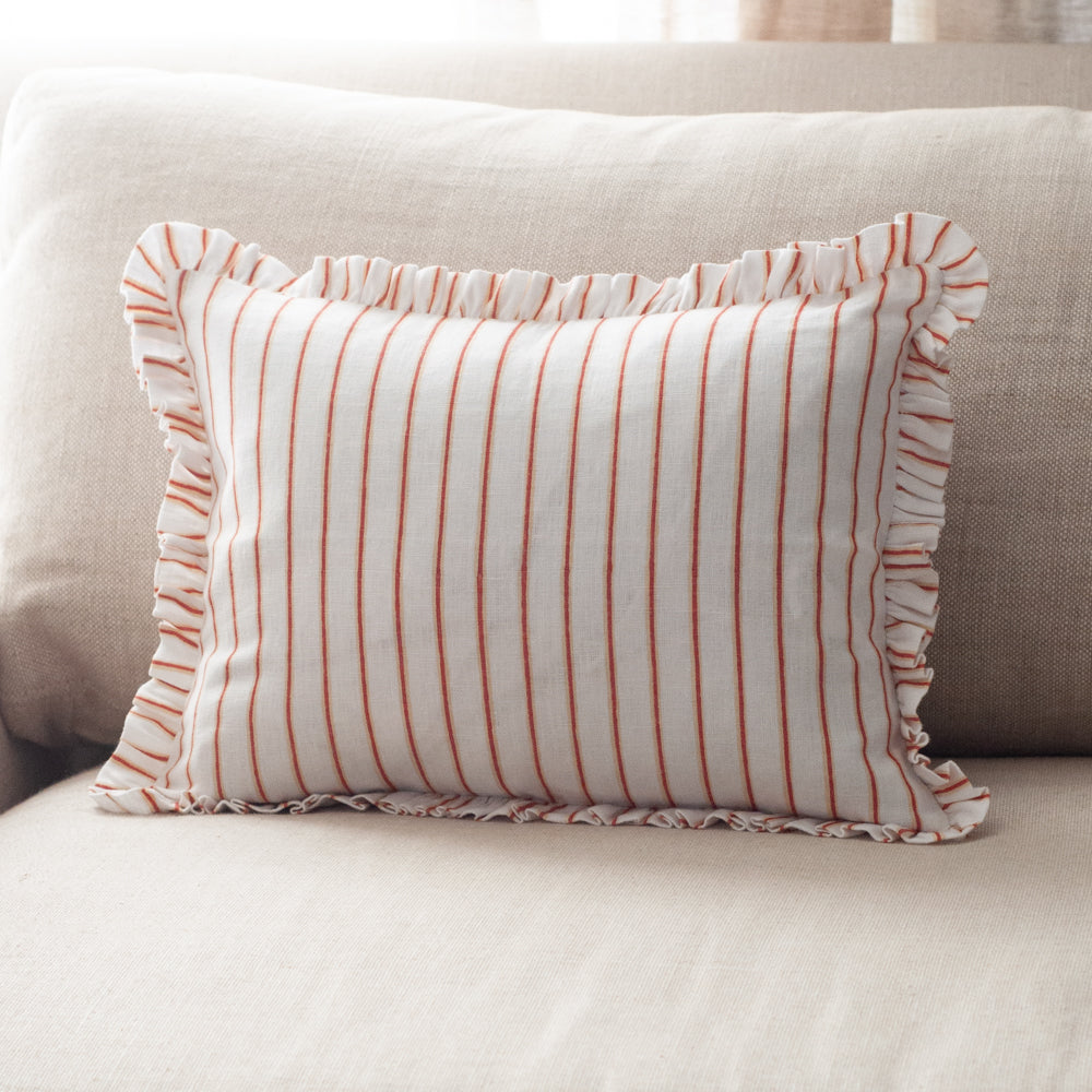 Block Print Ruffle Pillow, Ochre Stripe