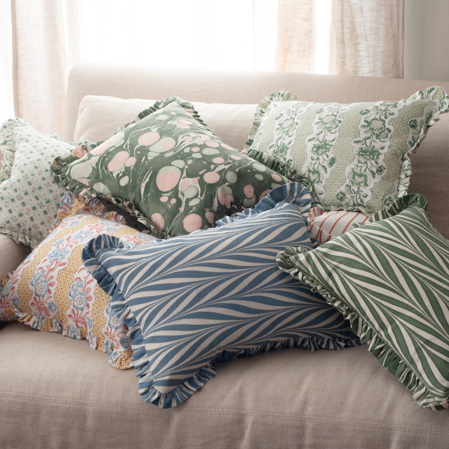 Block Print Ruffle Pillow, Ochre Stripe