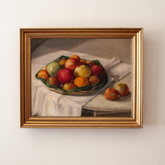 Vintage oil painting, bowl of apples