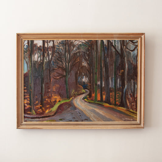 Vintage oil painting, forest road