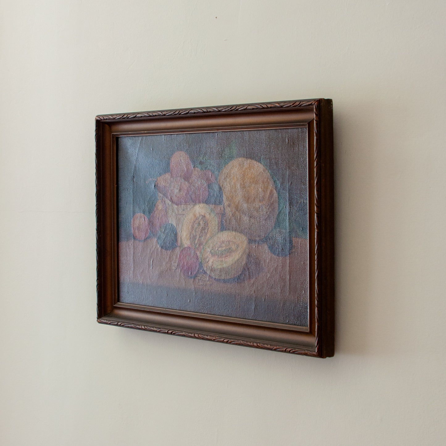 Antique melon, plum and pear still life