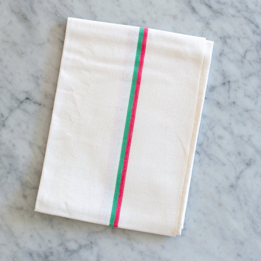 Vintage French dish towel, green and red stripe