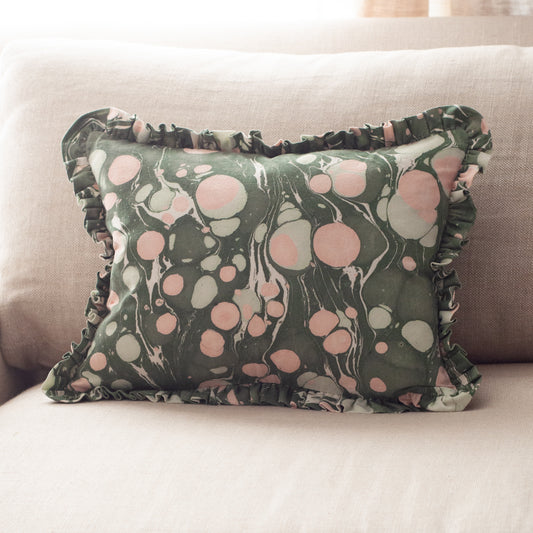 Marbled Ruffle Pillow, Pebbled Green + Blush