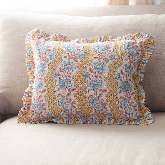 Block Print Ruffle Pillow, Blooming Trellis Dijon