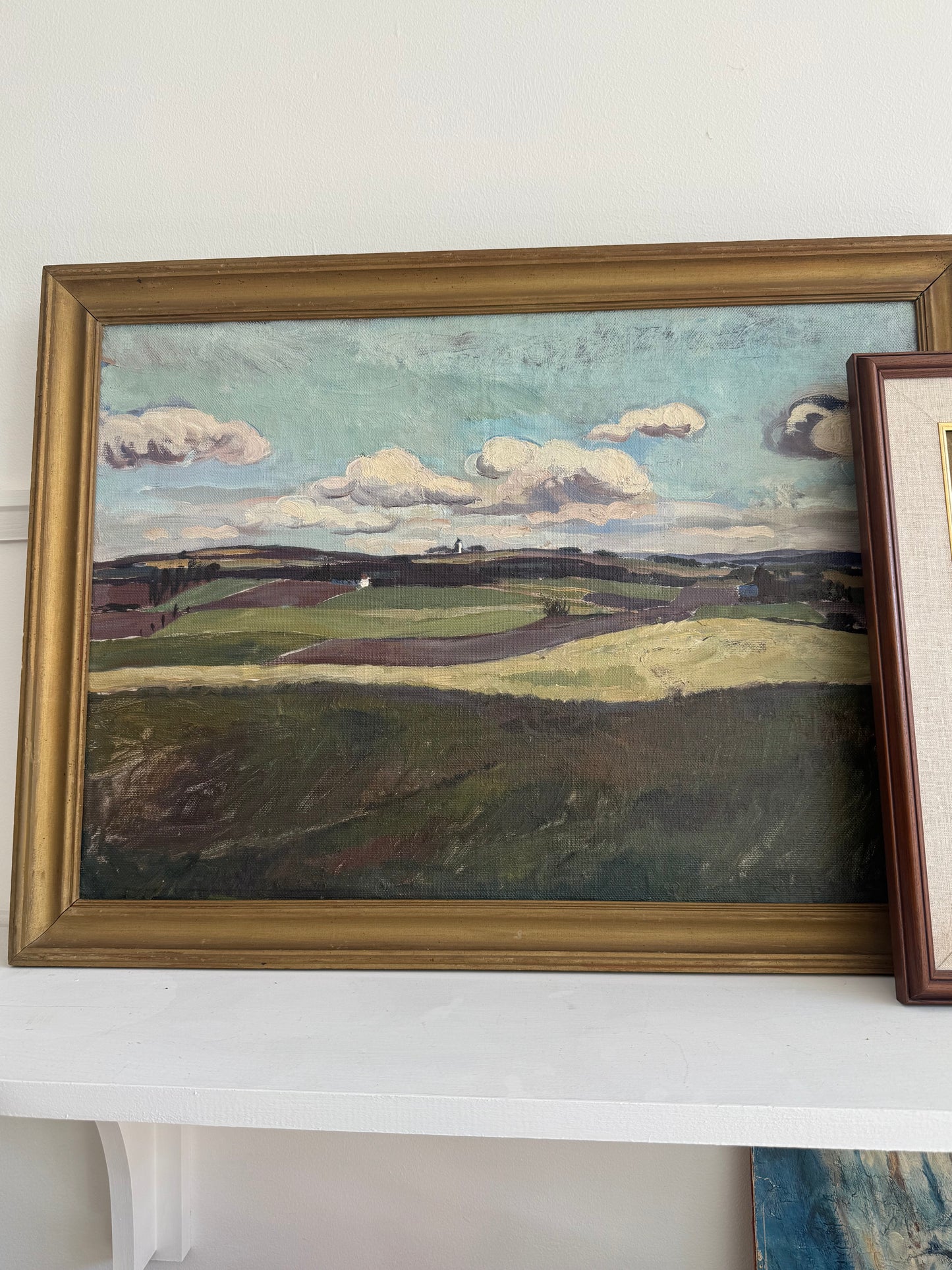 Vintage Landscape Painting, Fields and Clouds